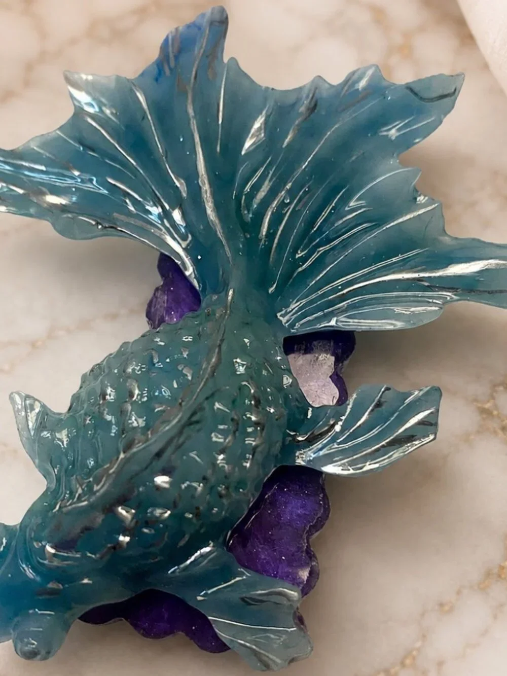 Handmade Resin Betta Koi Fish Hair Clips Trio, Sea Green Blue Purple Accents